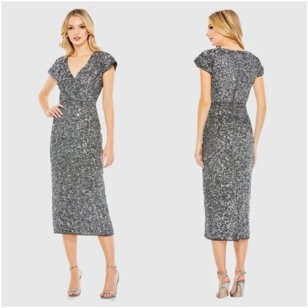 New Mac Duggal Gray Sequin Cap Sleeve Wrap Over Cocktail Dress Platinum Sz 6